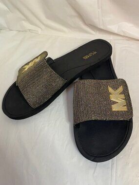 MICHAEL Michael Kors-MK Logo Slide Sandals in gold Metallic, Women's size 9